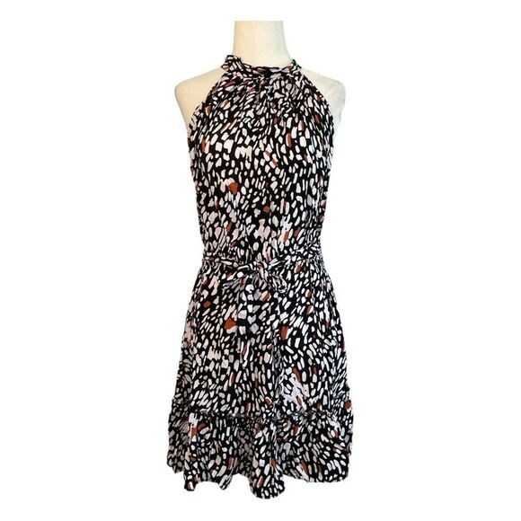 Shein Halter Mini Dress‎ Black White Orange Brush Stokes Print Ruffle Sleeveless - Picture 2 of 6